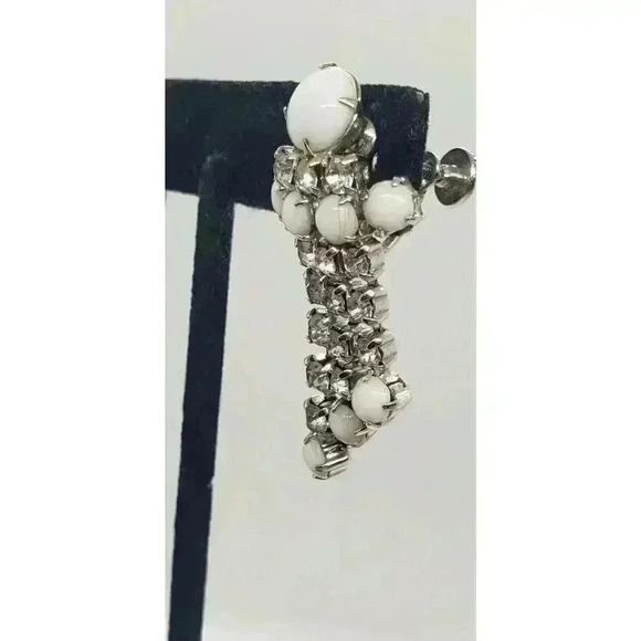 Vintage Earrings White Milk Glass & Clear Rhinestone Dangle Long Moonstone - Picture 3 of 11